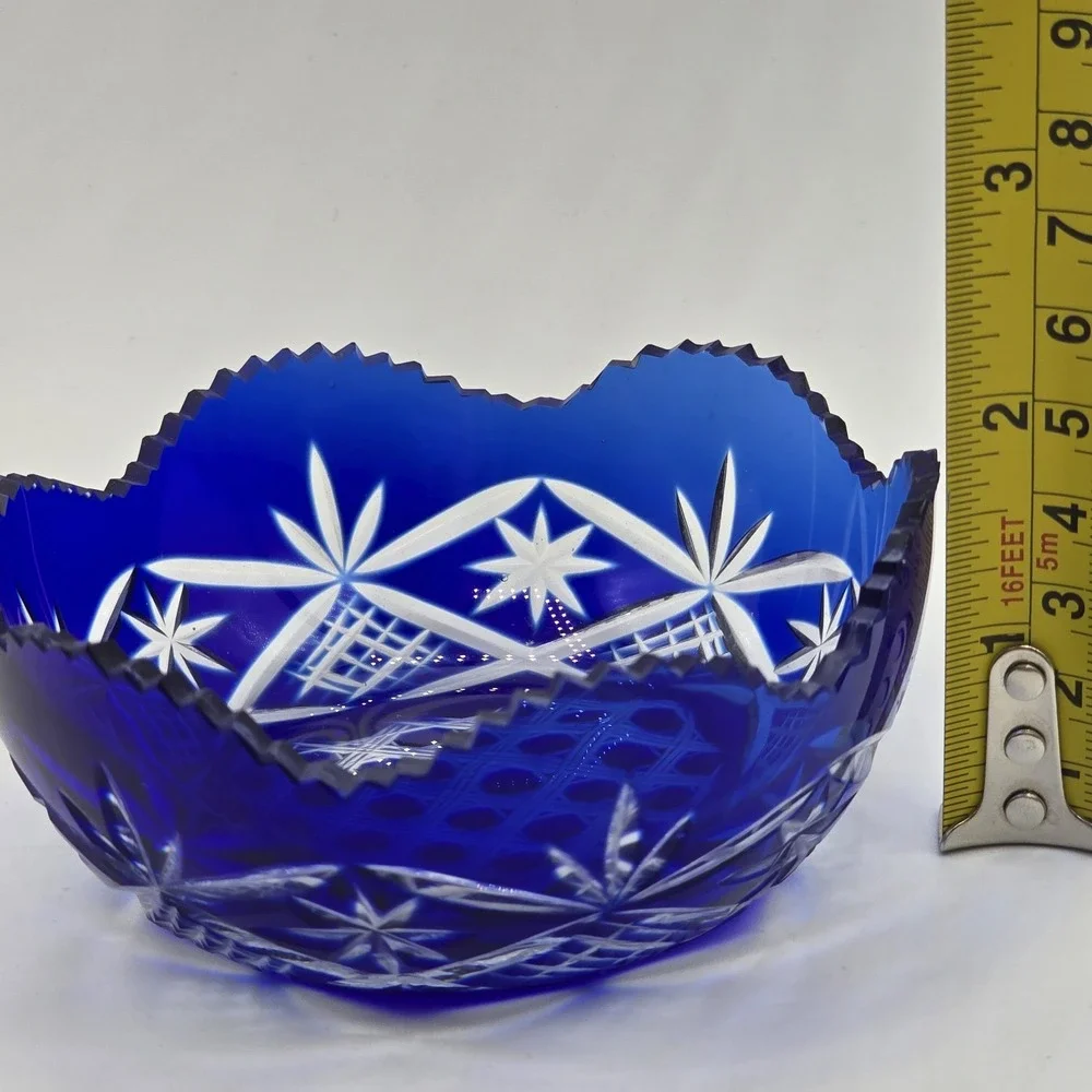 Vintage Bohemian cobalt cut to clear crystal mini bowl Antique Art Deco